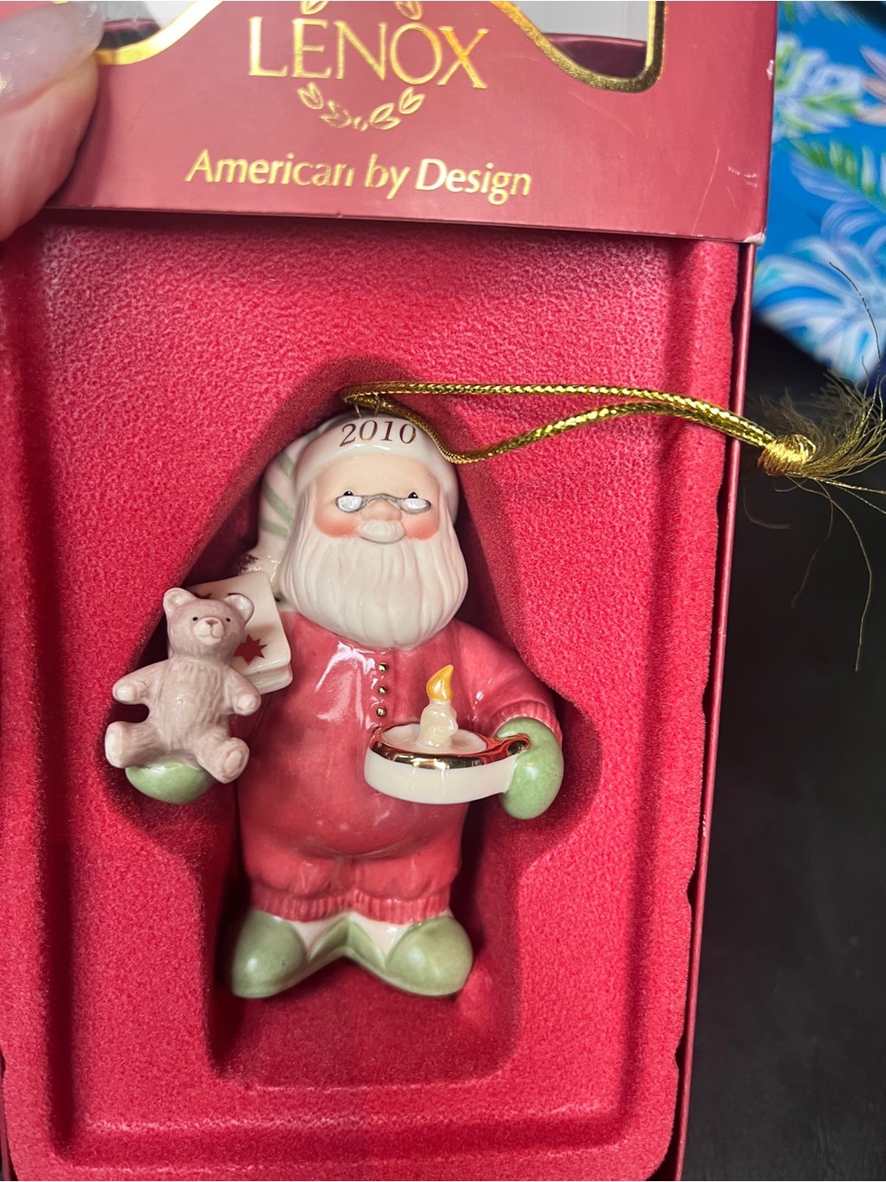 Lenox Red and Green Santa with Teddy and Candle Ornament